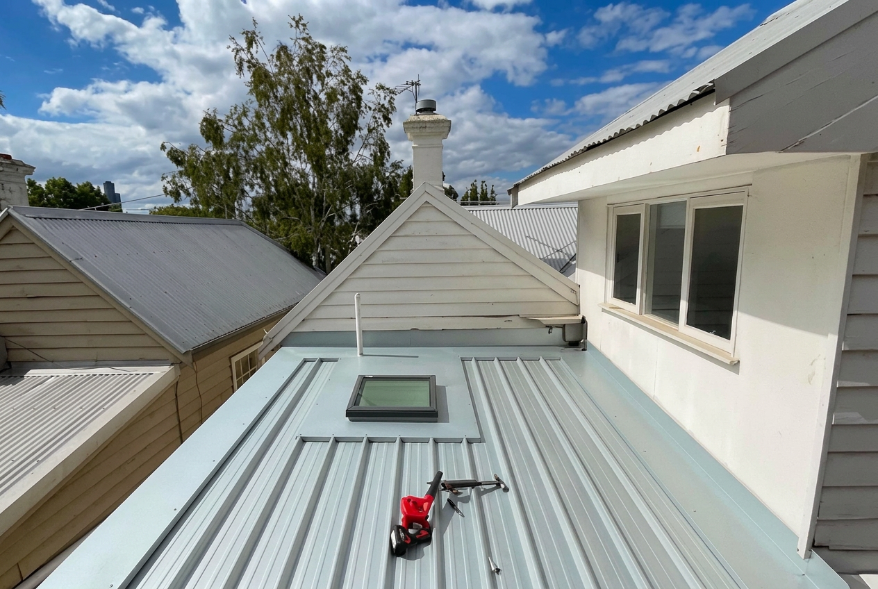 Light metal roof with a skylight between weatherboard rooflines