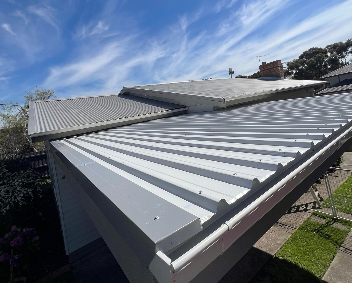 Light metal roof with matching guttering along the outer edge
