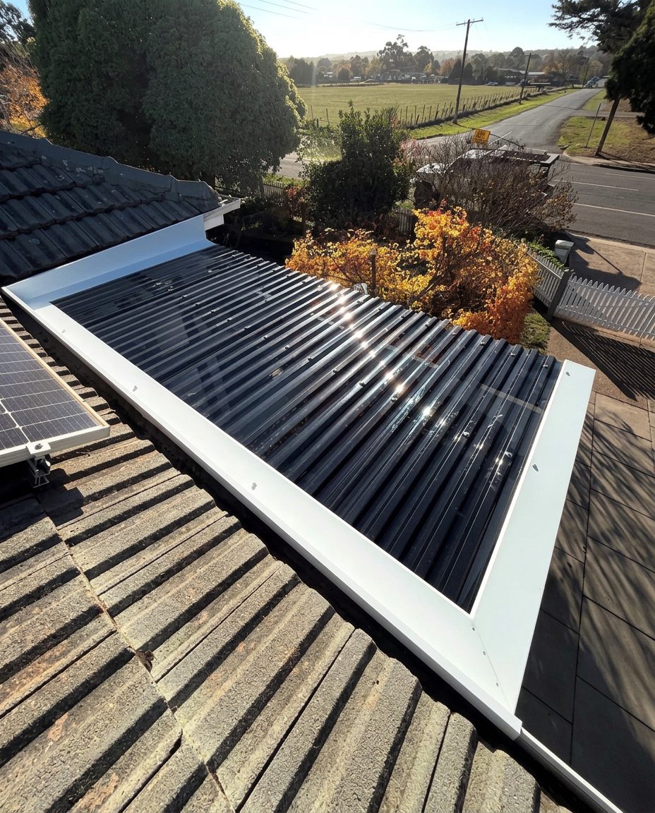 Dark metal roof extension beside a tiled roof with light perimeter flashings