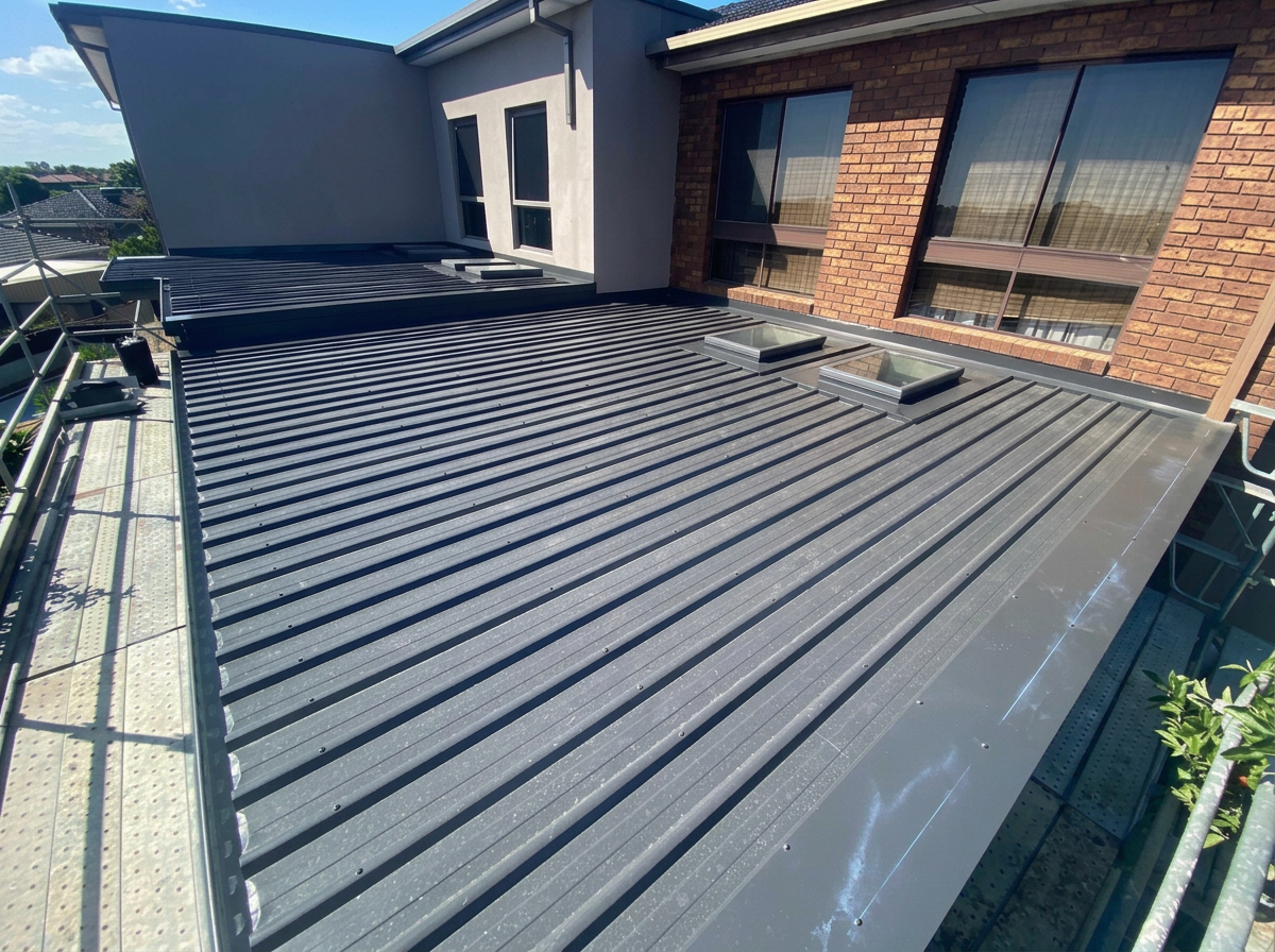 Dark metal roofing with several skylights beside brick and rendered walls