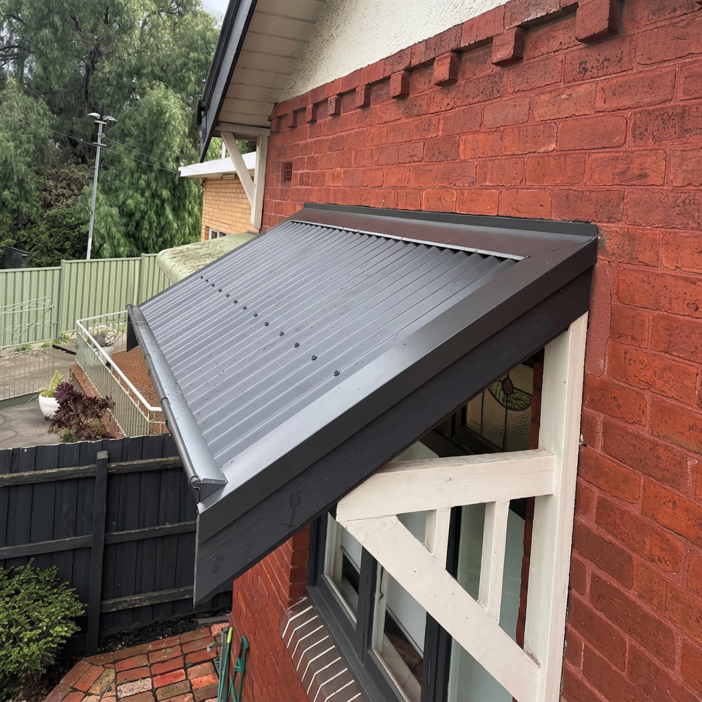 Grey corrugated metal window awning with dark flashings against a red brick wall